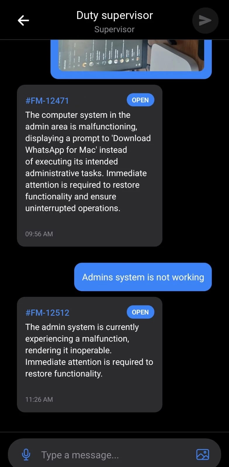 Field staff app conversation with a supervisor, where each reported problem is answered with a ticket number and summary