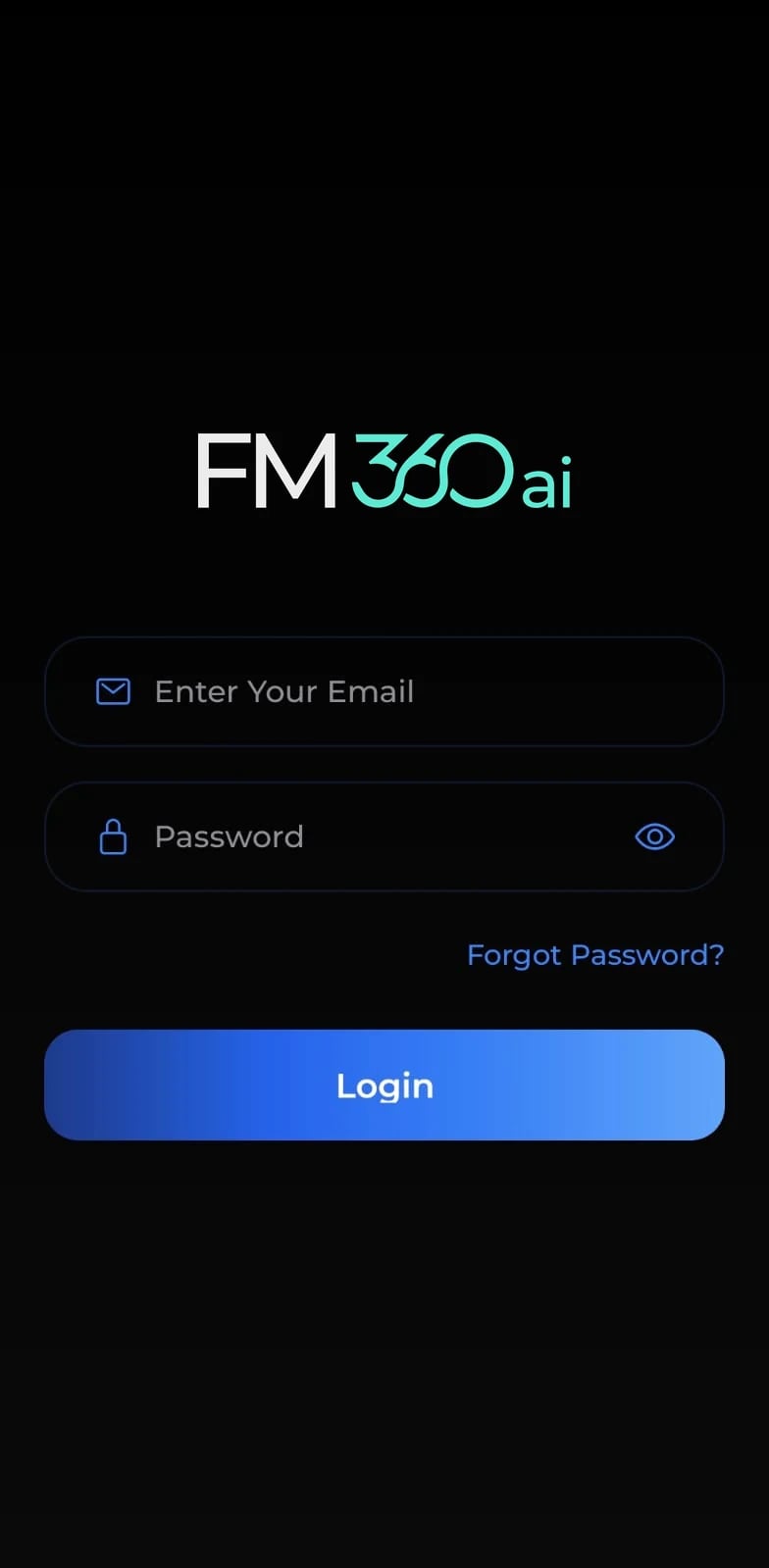 Sign-in screen of the FM360AI requester app with email and password fields