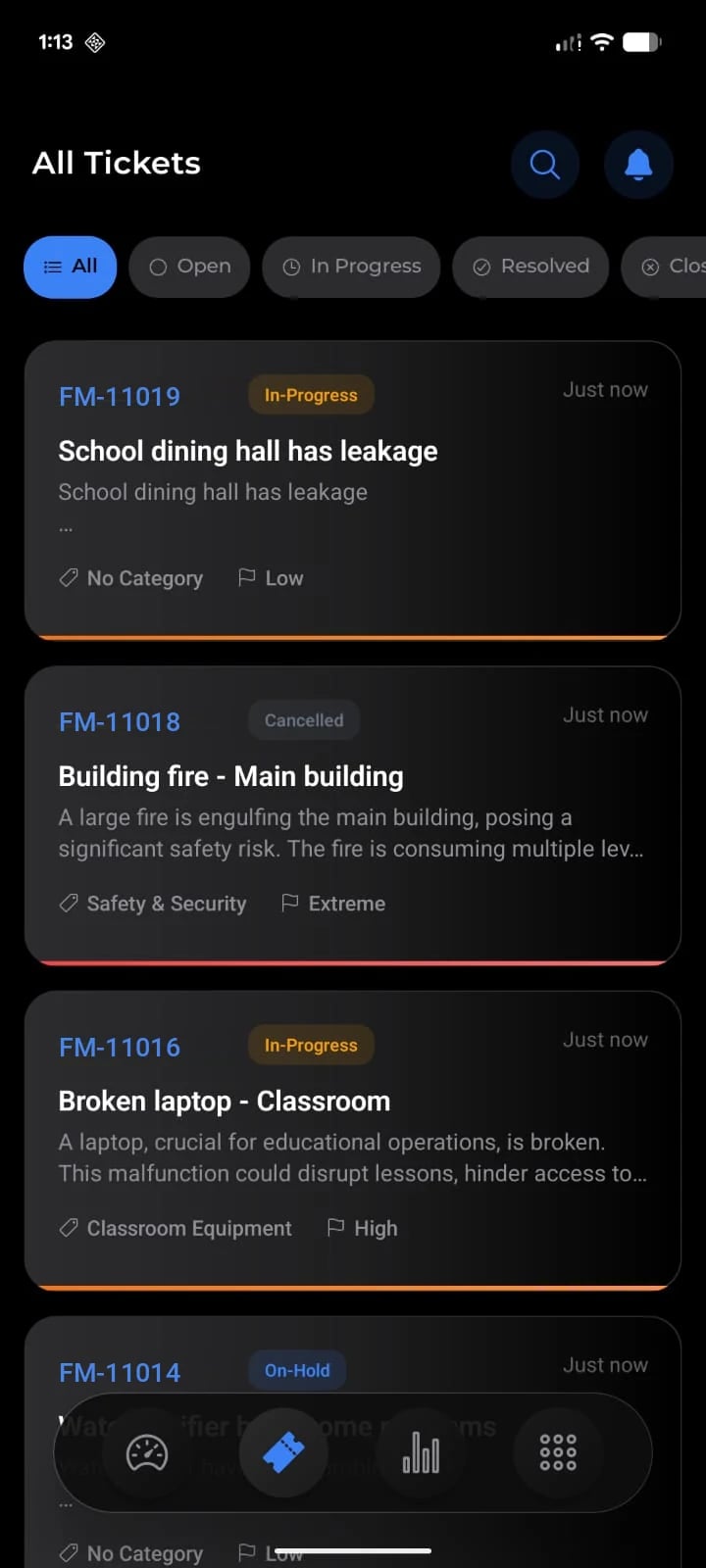 Supervisor app ticket list with status filters and tickets tagged by category and priority