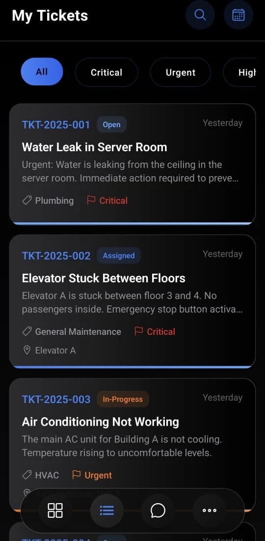 Technician app ticket list filtered by priority, showing a water leak, a stuck elevator and an air conditioning fault