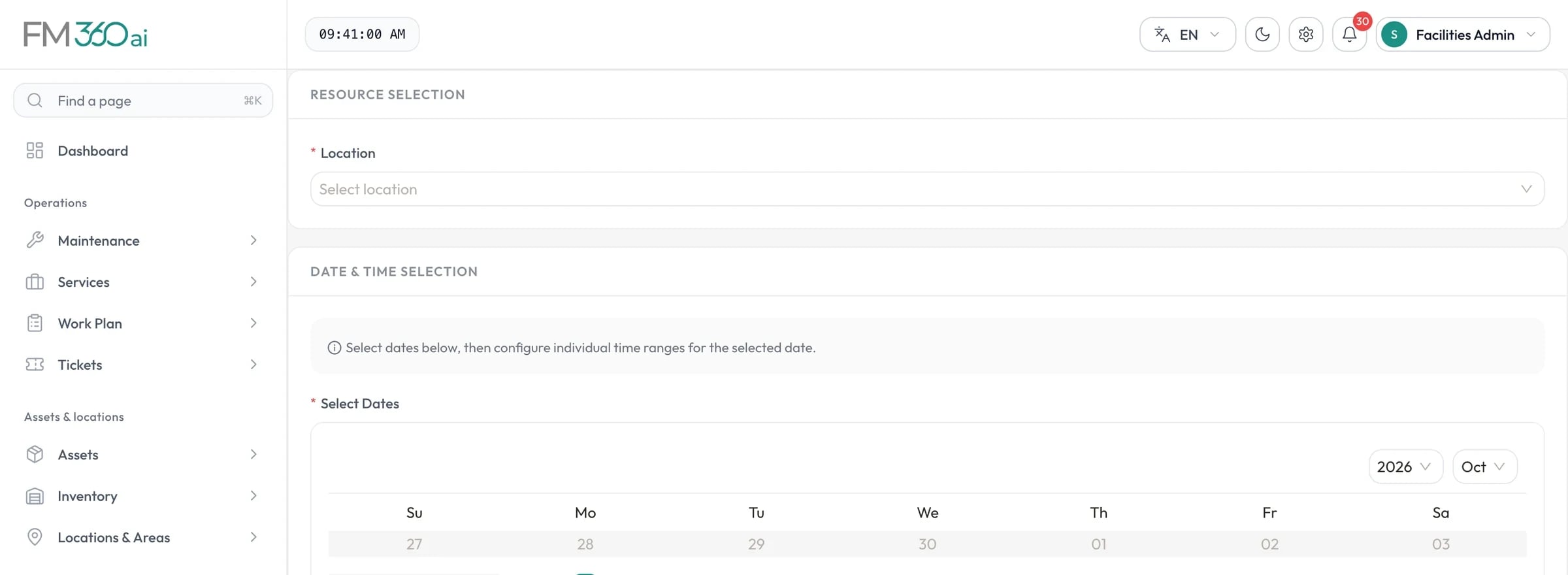 Resource booking form with location selection, a date picker and event details