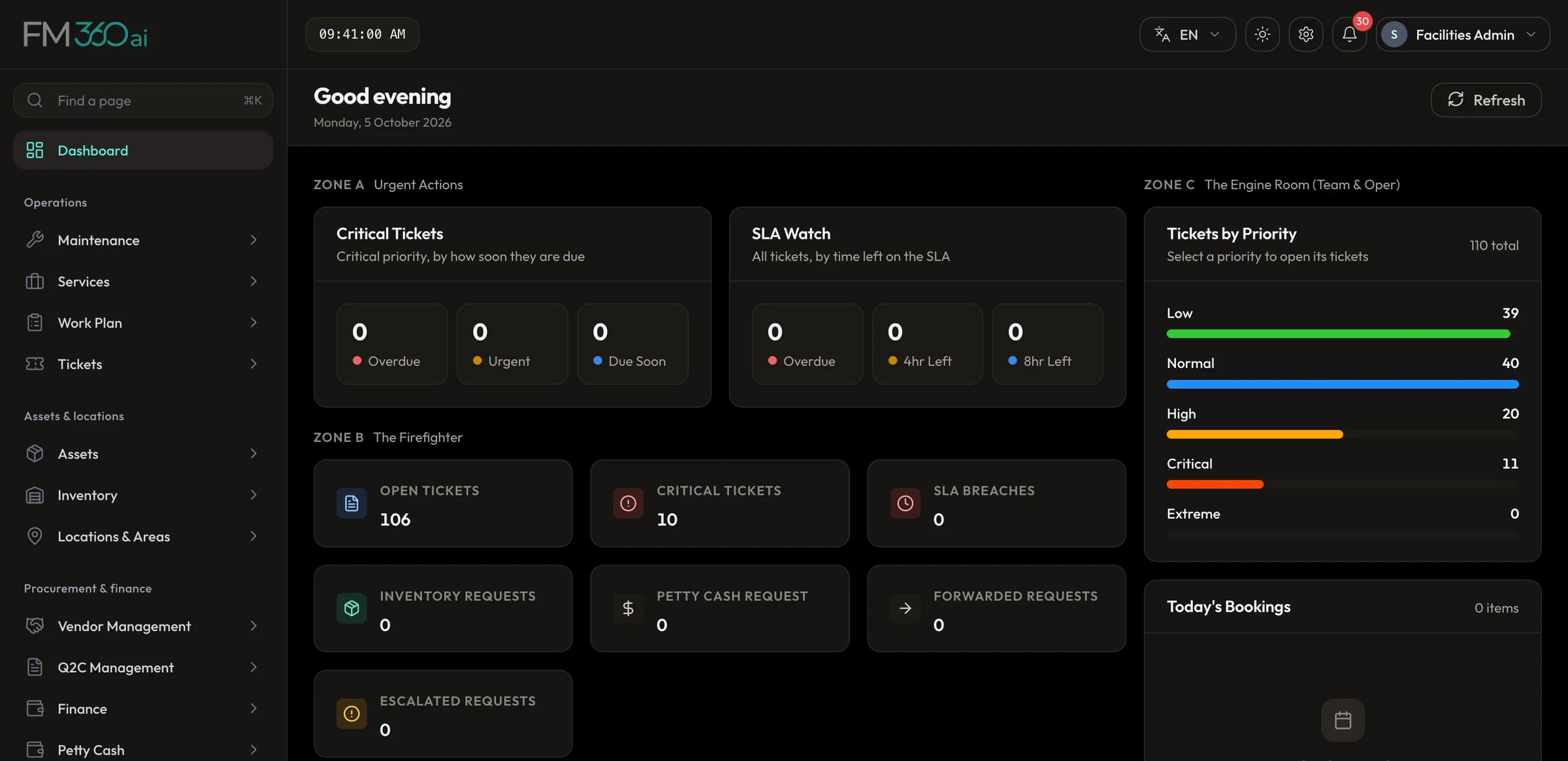 The FM360AI dashboard in dark mode