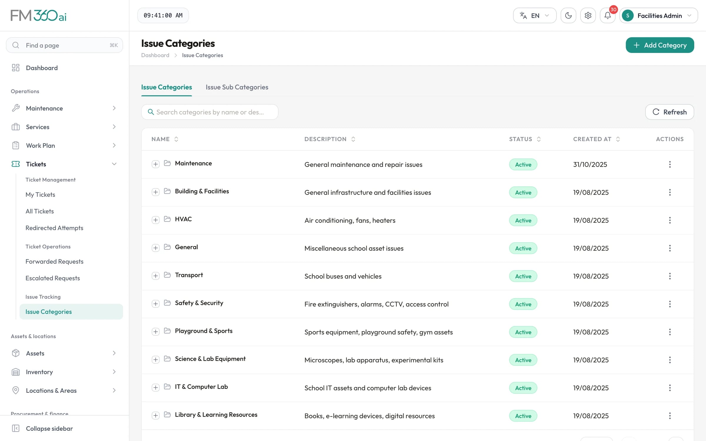 Issue categories list including Maintenance, HVAC, Transport, Safety and Security, and Science and Lab Equipment