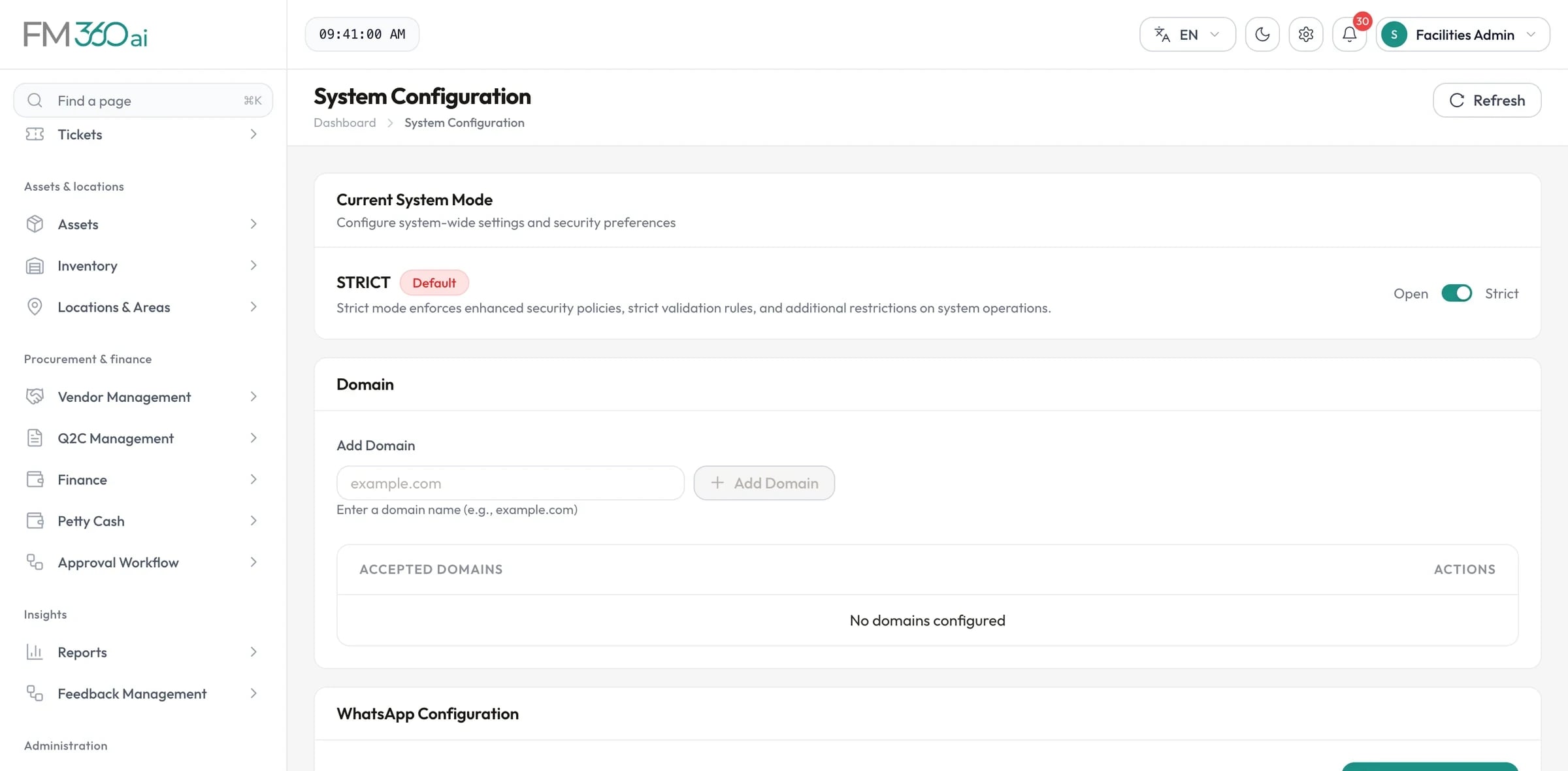 System configuration with open or strict mode, accepted email domains and WhatsApp configuration