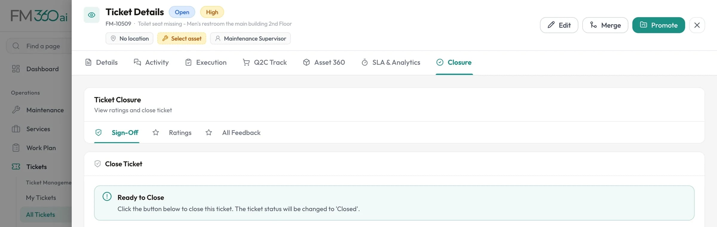 Closure tab of a ticket with sign-off, ratings and feedback sections and a closure timeline