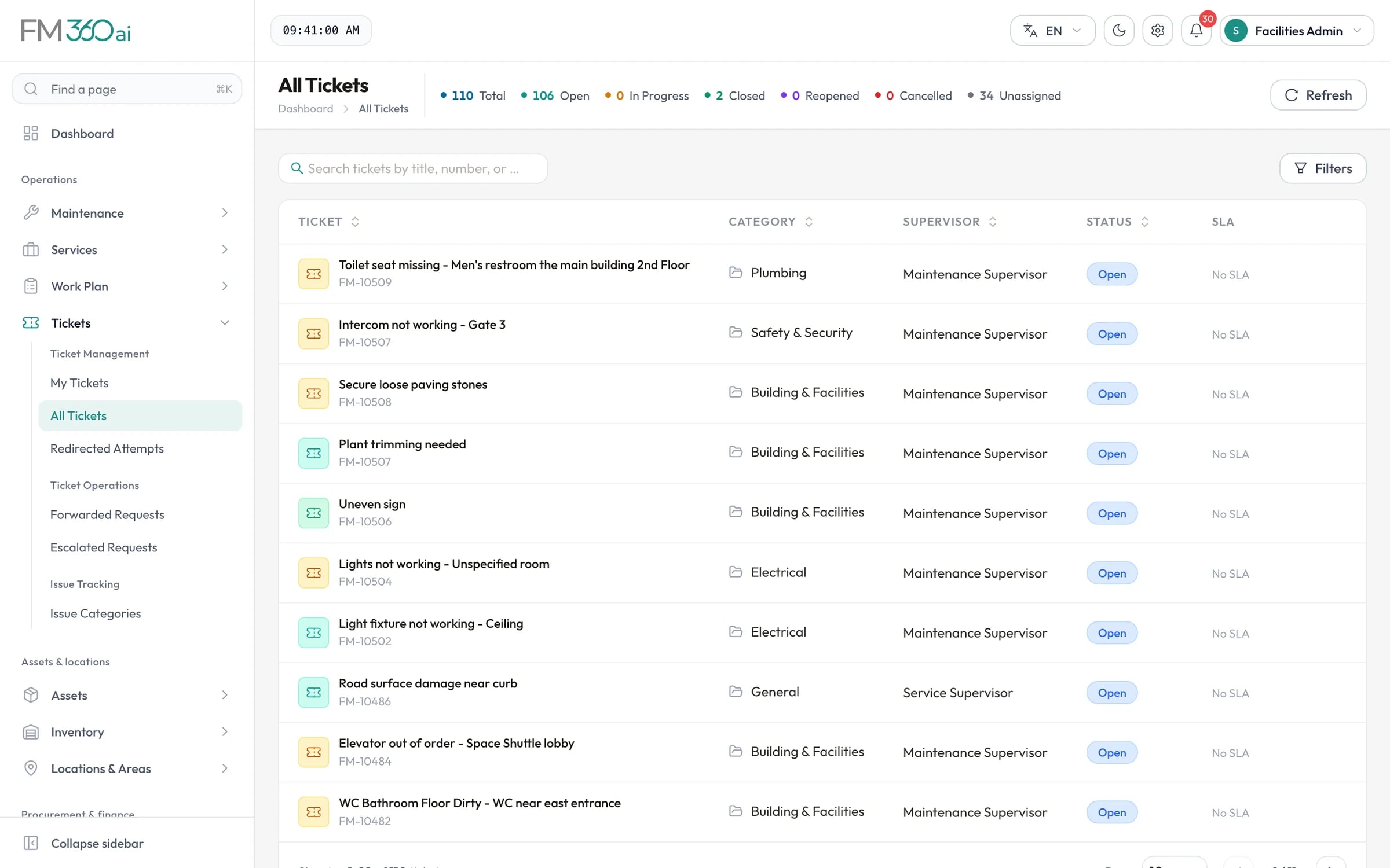 All Tickets list with ticket titles and numbers, category, supervisor, status and SLA columns, and counts of open, closed and unassigned tickets