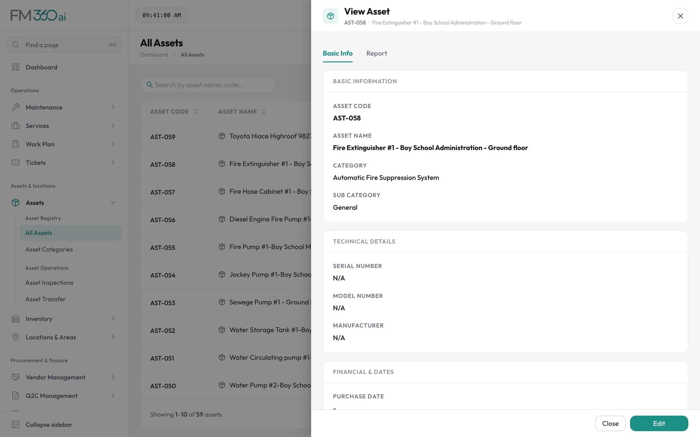 Asset view drawer showing asset code, name, category, technical details and financial dates
