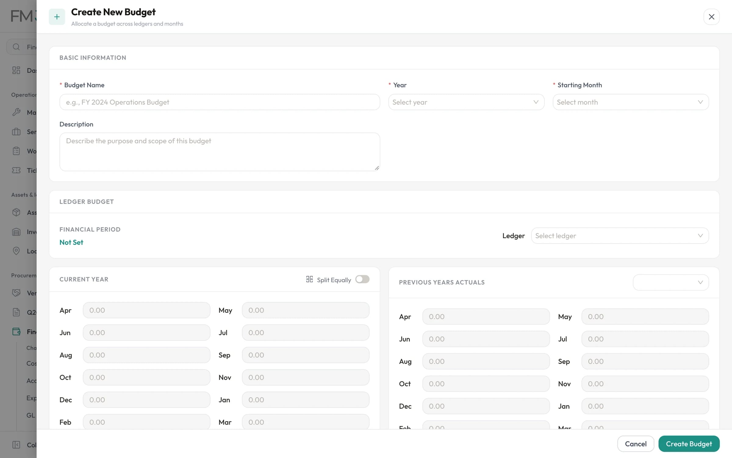 Create budget form with year, starting month, ledger, monthly allocations and previous year actuals