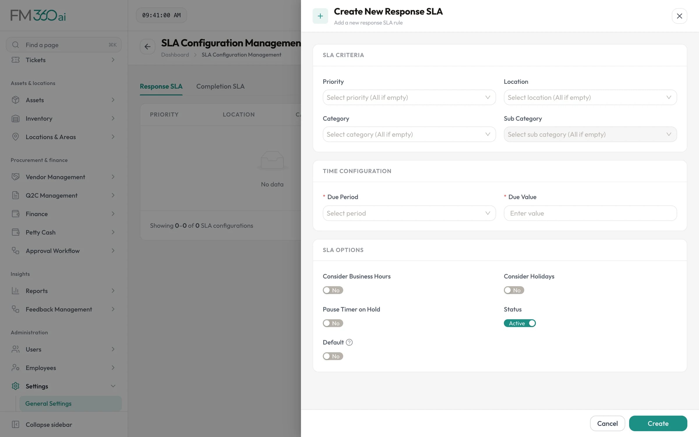 Create response SLA form with criteria for priority, location, category and sub-category, a due period, and a pause-on-hold option