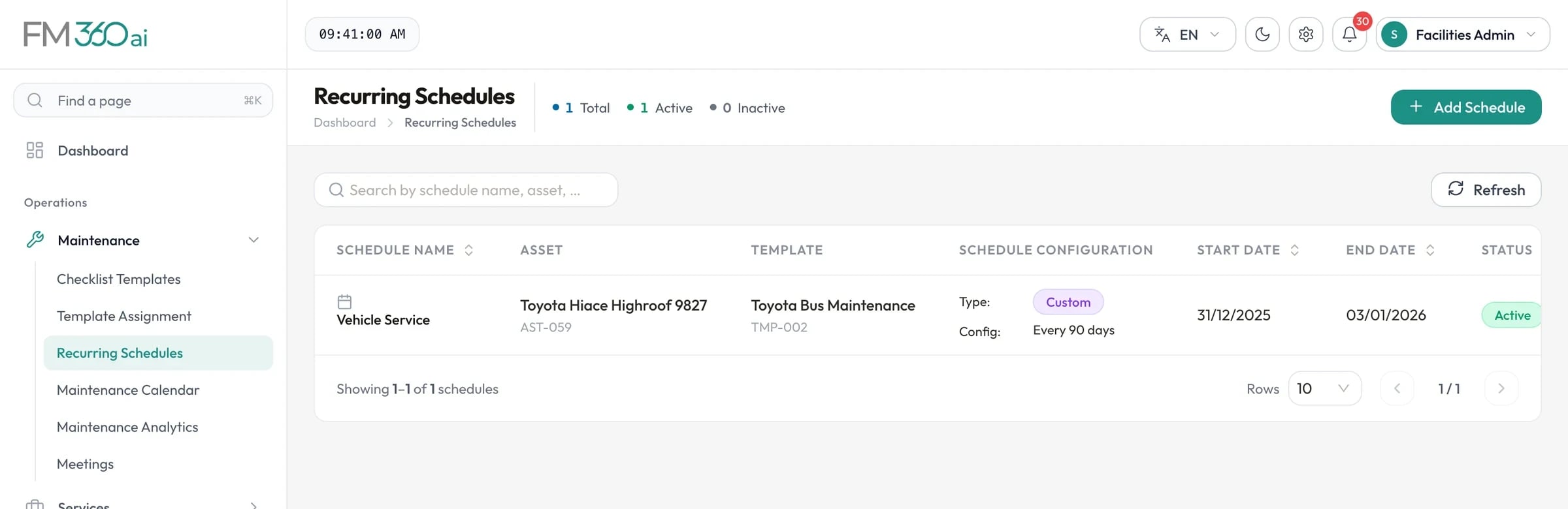 Recurring schedules list showing a vehicle service schedule that repeats every 90 days