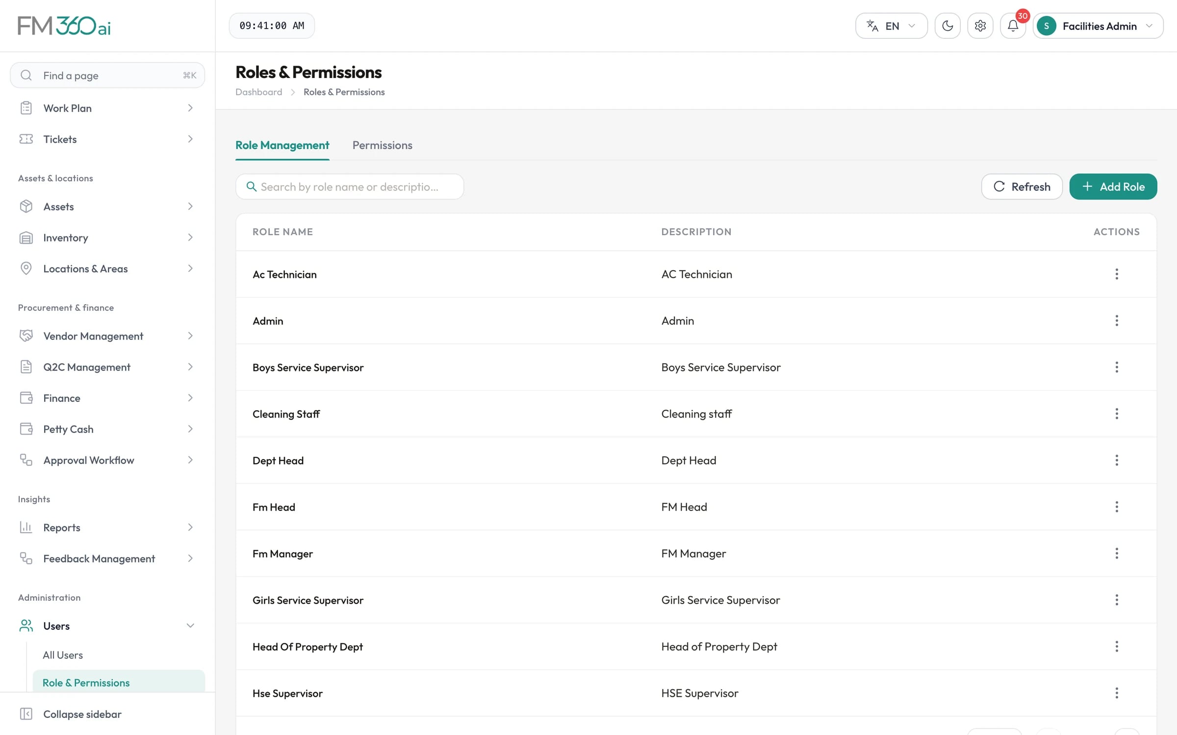 Roles and permissions screen listing roles such as AC Technician, FM Manager, HSE Supervisor and Dept Head