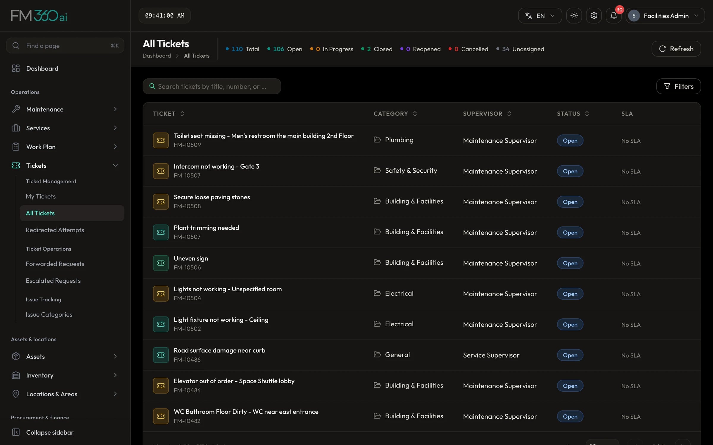 The All Tickets list in dark mode