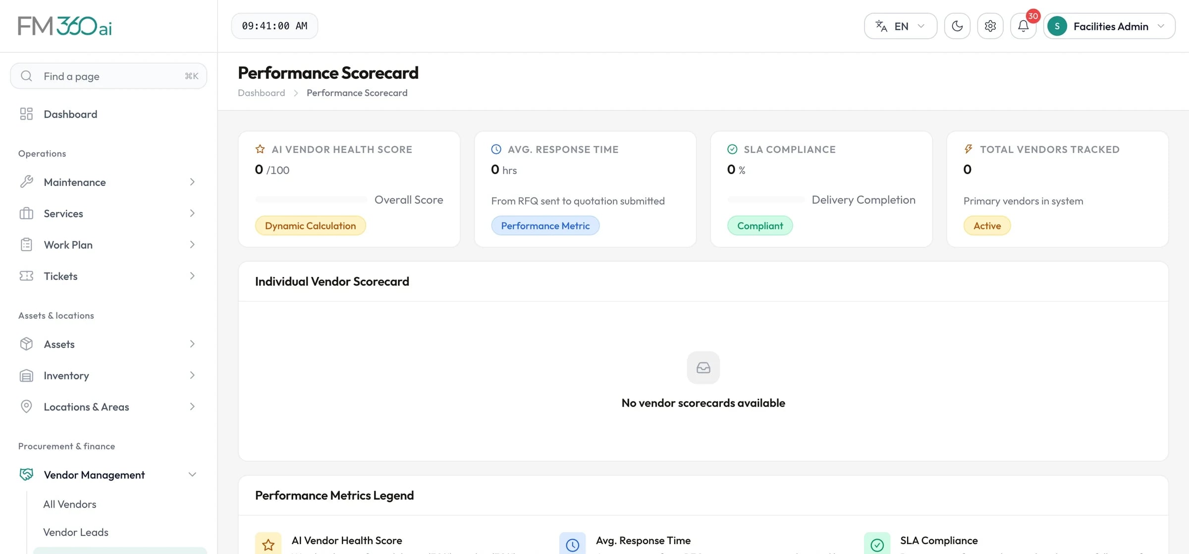 Vendor performance scorecard with health score, average response time, SLA compliance and a legend of how each metric is calculated